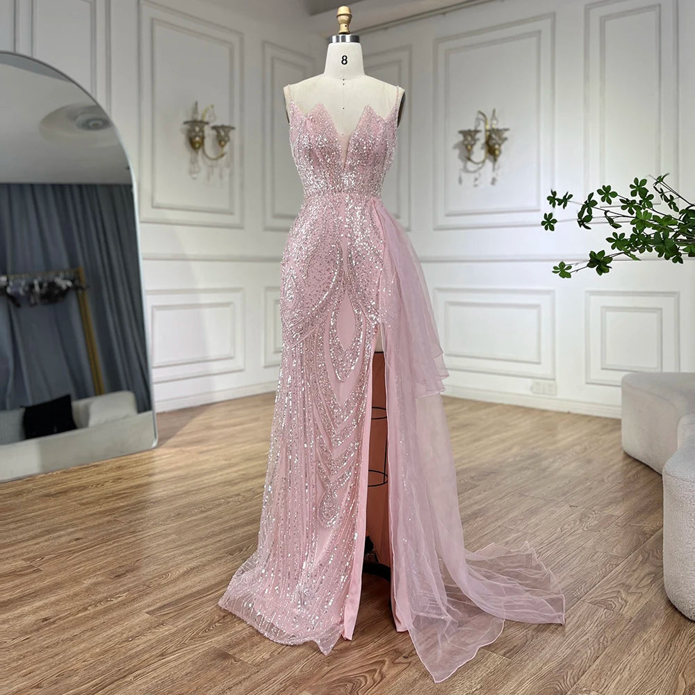 Serene Hill 2024 Light Pink Spaghetti Strap Evening Dresses Gowns Mermaid Beaded Elegant Overskirt For Women Party LA72378A Serene Hill 2024 Light Pink Spaghetti Strap Evening Dresses Gowns Mermaid Beaded Elegant Overskirt For Women Party LA72378A