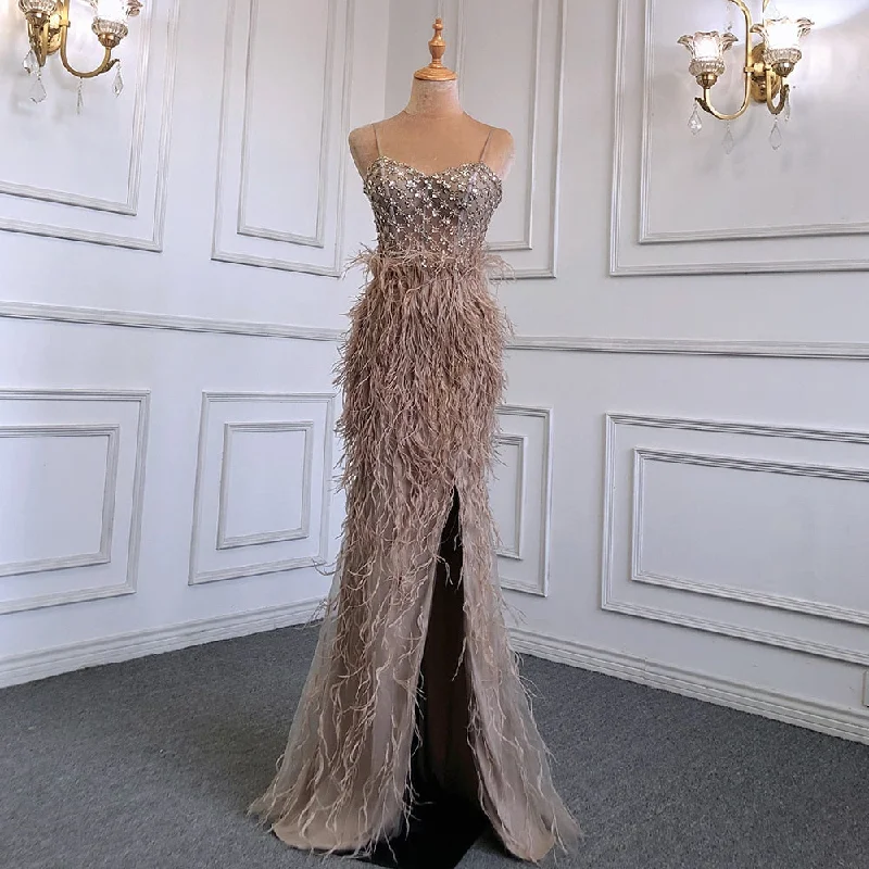 Serene Hill White Elegant Mermaid Sexy Spaghetti Strap Split Feathers Luxury Evening Dresses 2024 LA71685