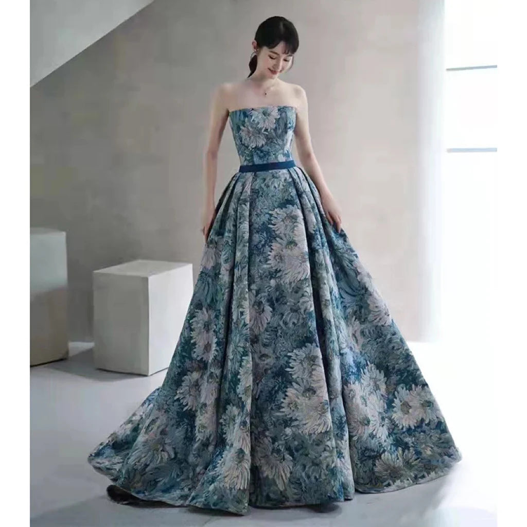 Wjczt Elegant Flower Evening Dress For Women Blue Green Strapless A-line Pleat Detachable Sleeve Belt Banquet Party Formal Prom Gowns Wjczt Elegant Flower Evening Dress For Women Blue Green Strapless A-line Pleat Detachable Sleeve Belt Banquet Party Formal Prom Gowns