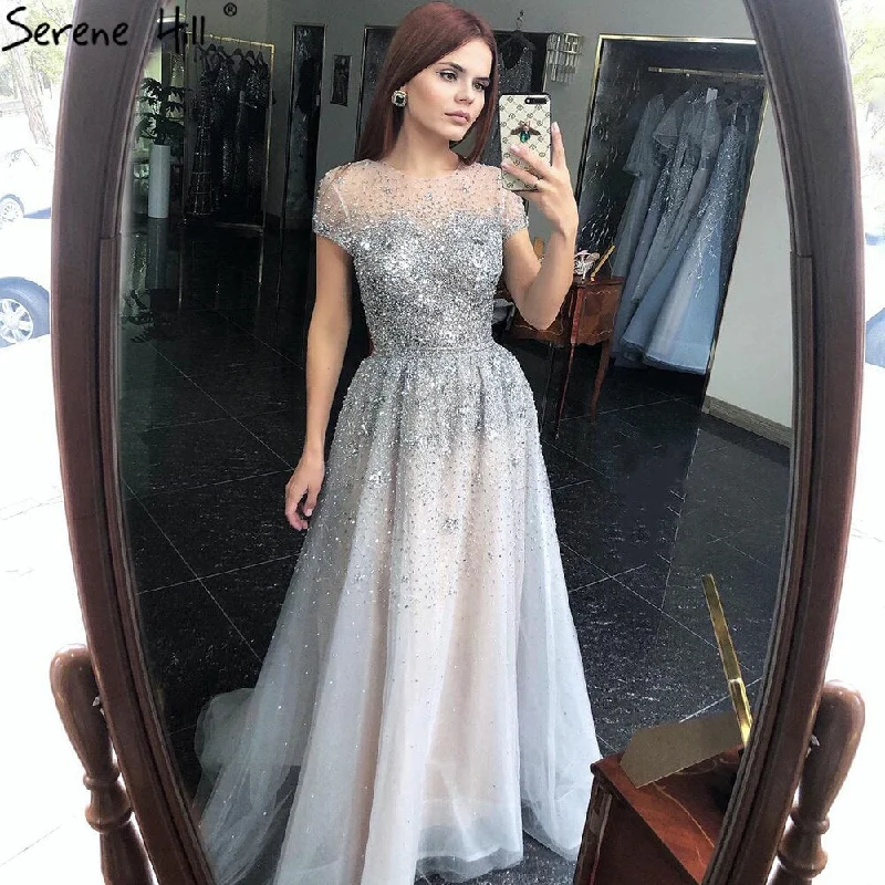 Serene Hill Silver A-Line Tulle Evening Dresses 2024 Dubai Short Sleeves Beading Formal Dress Design LA70715