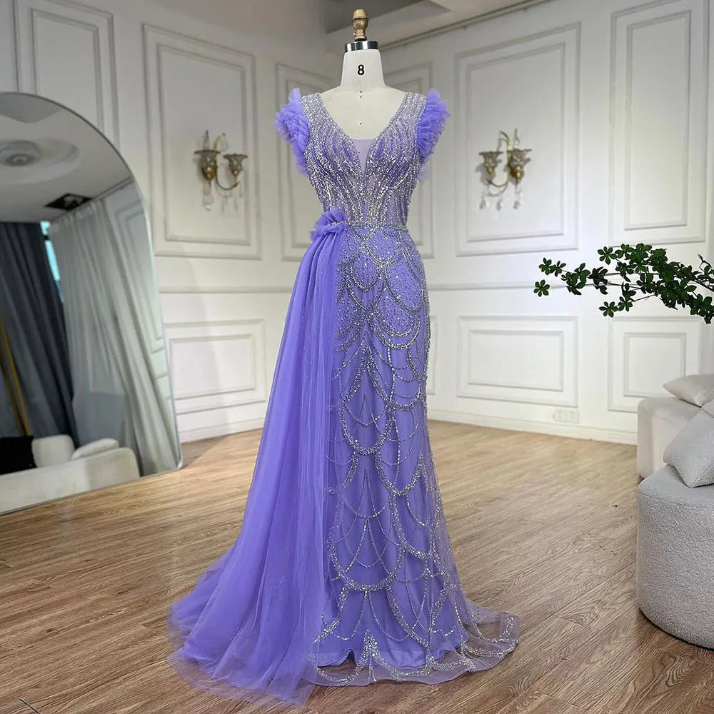 Serene Hill Arabic Dubai Lilac Mermaid With Overskirt Beaded Luxury Evening Dresses Gowns for Women Wedding Party 2024 LA72564 Serene Hill Arabic Dubai Lilac Mermaid With Overskirt Beaded Luxury Evening Dresses Gowns for Women Wedding Party 2024 LA72564