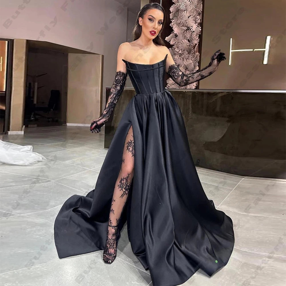 Wjczt Black Gorgeous Women's Evening Dresses A-Line Satin Sexy Side Slit Princess Prom Gown Fashion Celebrity Party Vestidos De Fiesta Wjczt Black Gorgeous Women's Evening Dresses A-Line Satin Sexy Side Slit Princess Prom Gown Fashion Celebrity Party Vestidos De Fiesta