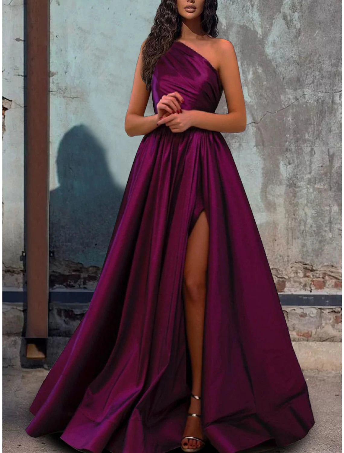 A-Line Evening Gown Elegant Dress Wedding Guest Engagement Floor Length Sleeveless One Shoulder Satin with Pleats Slit A-Line Evening Gown Elegant Dress Wedding Guest Engagement Floor Length Sleeveless One Shoulder Satin with Pleats Slit