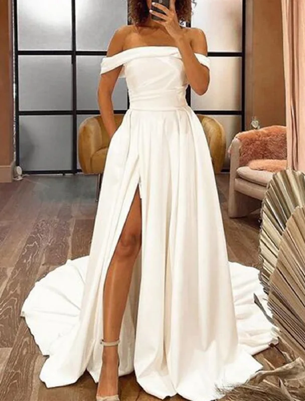 A-Line Evening Gown Elegant Dress Wedding Prom Court Train Sleeveless Off Shoulder Pocket Satin with Ruched Slit A-Line Evening Gown Elegant Dress Wedding Prom Court Train Sleeveless Off Shoulder Pocket Satin with Ruched Slit
