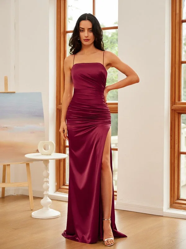 Sheath/Column Silk like Satin Ruched Spaghetti Straps Sleeveless Sweep/Brush Train Dresses Sheath/Column Silk like Satin Ruched Spaghetti Straps Sleeveless Sweep/Brush Train Dresses