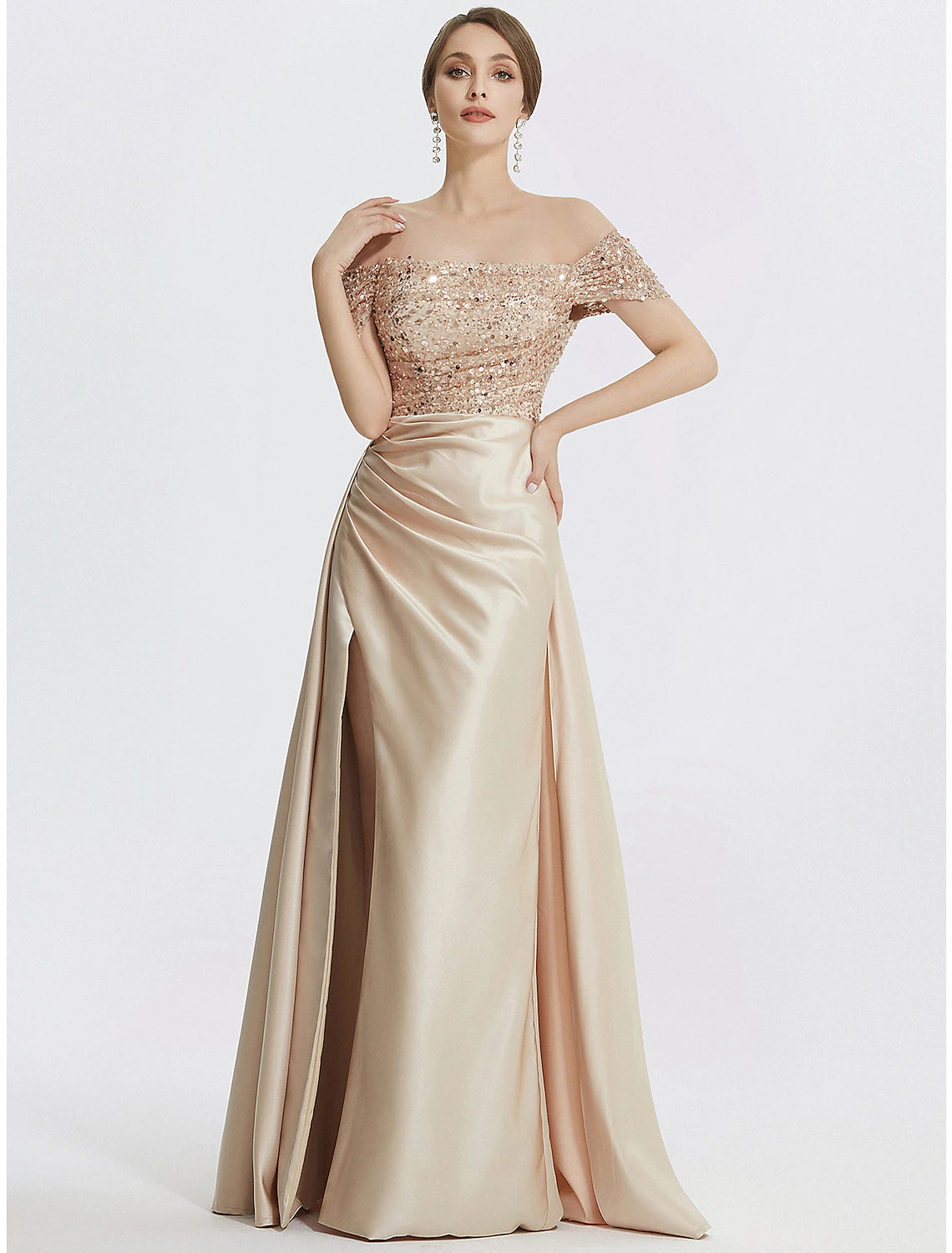 Sheath / Column Evening Gown Elegant Dress Formal Floor Length Short Sleeve Off Shoulder Sequined with Glitter Pleats Slit Sheath / Column Evening Gown Elegant Dress Formal Floor Length Short Sleeve Off Shoulder Sequined with Glitter Pleats Slit