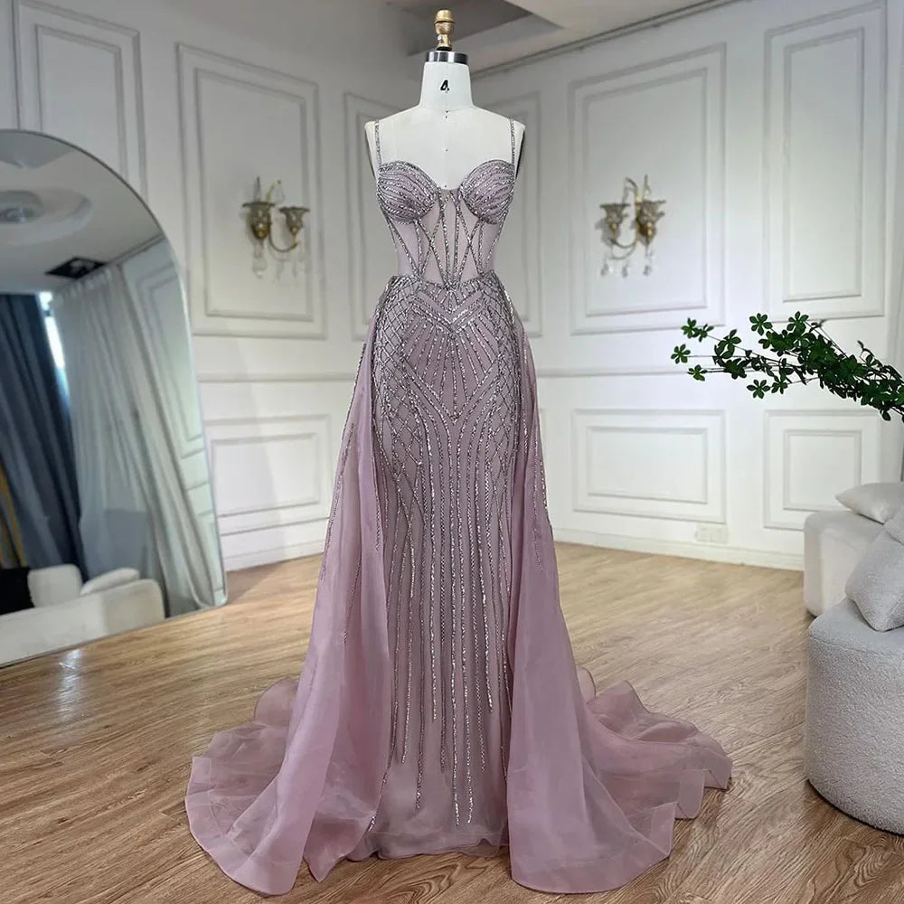 Serene Hill 2024 Arabic Spaghetti Strap Pink Mermaid Overskirt Beaded Evening Dresses Gowns for Women Wedding Party LA72451 Serene Hill 2024 Arabic Spaghetti Strap Pink Mermaid Overskirt Beaded Evening Dresses Gowns for Women Wedding Party LA72451