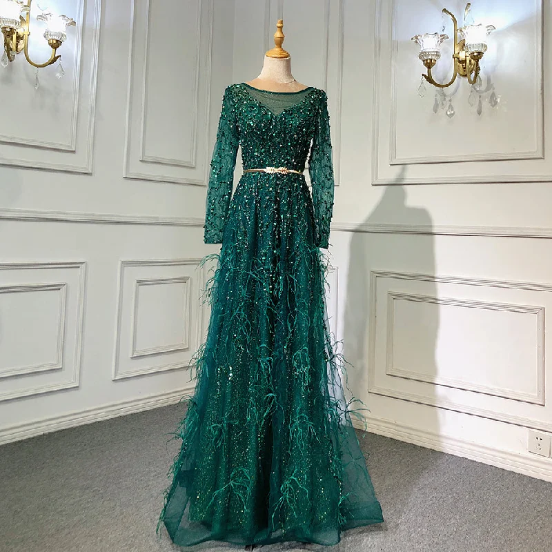 Serene Hill Grey Mermaid Elegant Evening Dresses Gowns 2024 Long Sleeves Luxury Feather Beading For Women Party LA70968 Serene Hill Grey Mermaid Elegant Evening Dresses Gowns 2024 Long Sleeves Luxury Feather Beading For Women Party LA70968