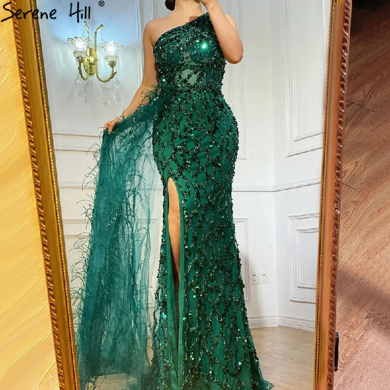 Serene Hill Green Elegant Mermaid Sexy One Shouder Split Evening Dresse Gowns Luxury Beaded Feathers 2024 Women Party LA70829 Serene Hill Green Elegant Mermaid Sexy One Shouder Split Evening Dresse Gowns Luxury Beaded Feathers 2024 Women Party LA70829