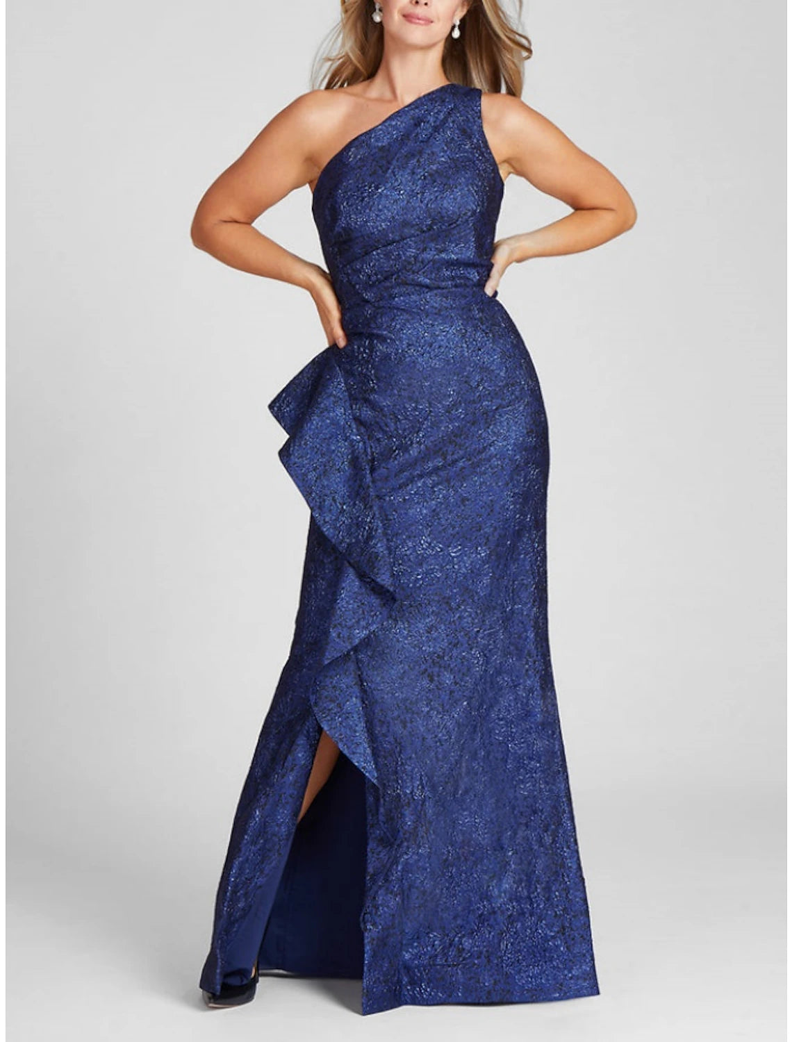A-Line Evening Gown Elegant Dress Formal Floor Length Sleeveless One Shoulder Sequined with Glitter Ruffles Slit A-Line Evening Gown Elegant Dress Formal Floor Length Sleeveless One Shoulder Sequined with Glitter Ruffles Slit