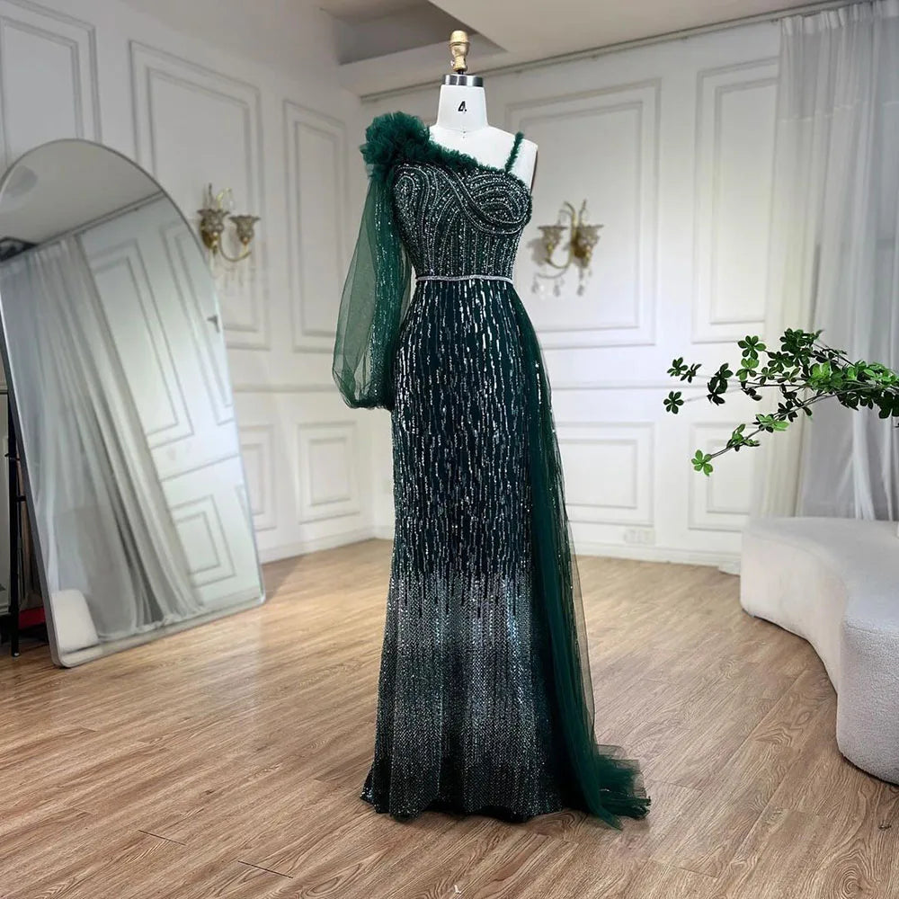 Serene Hill 2024 Green One Shoulder Elegant With Overskirt Mermaid Beaded Evening Dresses Gowns for Women Wedding Party LA72408 Serene Hill 2024 Green One Shoulder Elegant With Overskirt Mermaid Beaded Evening Dresses Gowns for Women Wedding Party LA72408