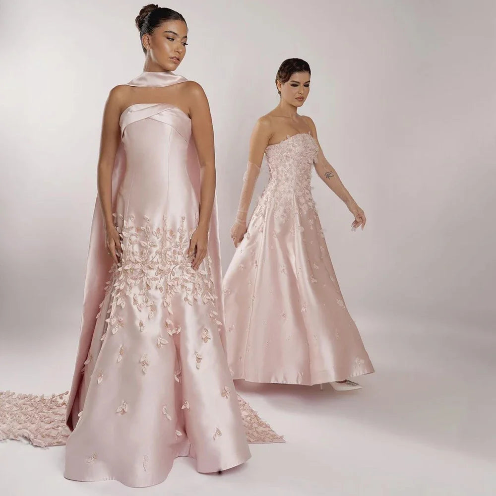 Serene Hill Luxury Appliques Pink Satin Mermaid Evening Dress with Cape Saudi Arabic for Formal Occasion 2024 LA72483A Serene Hill Luxury Appliques Pink Satin Mermaid Evening Dress with Cape Saudi Arabic for Formal Occasion 2024 LA72483A