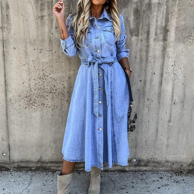 Wjczt Elegant Solid Single-Breasted Pocket Dress Ladies High Waist With Belt Dress Autumn Fashion Casual Lapel Denim Long Dress Women Wjczt Elegant Solid Single-Breasted Pocket Dress Ladies High Waist With Belt Dress Autumn Fashion Casual Lapel Denim Long Dress Women