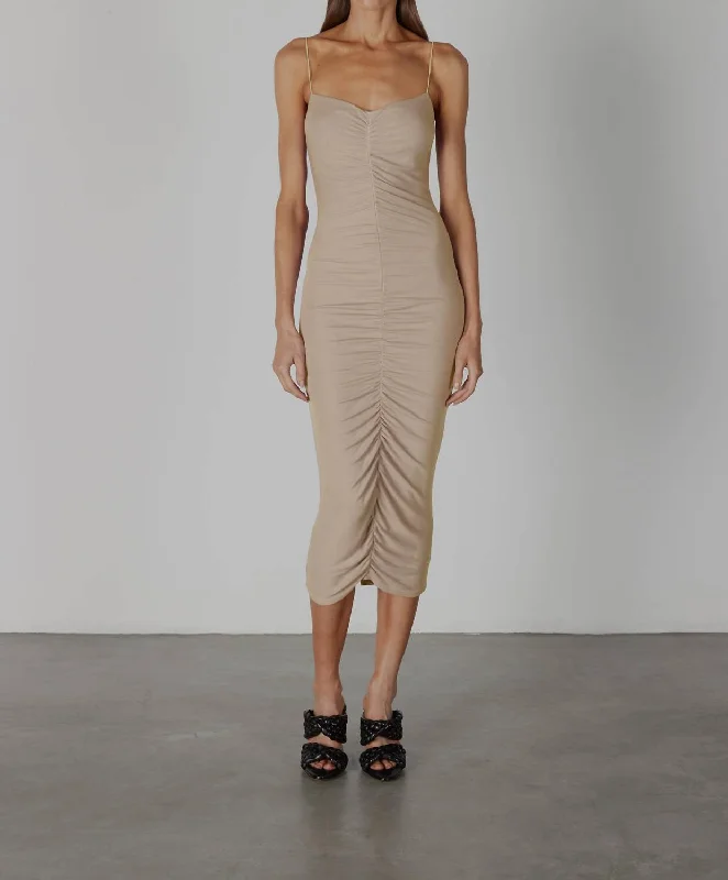 Stretch Silk Knit Ruched Strappy Dress In Oatmilk