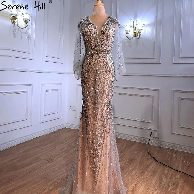 Serene Hill Luxury Nude Silver Evening Dresses Gowns 2024 Sexy Mermaid Beading Elegant For Women Party LA70905