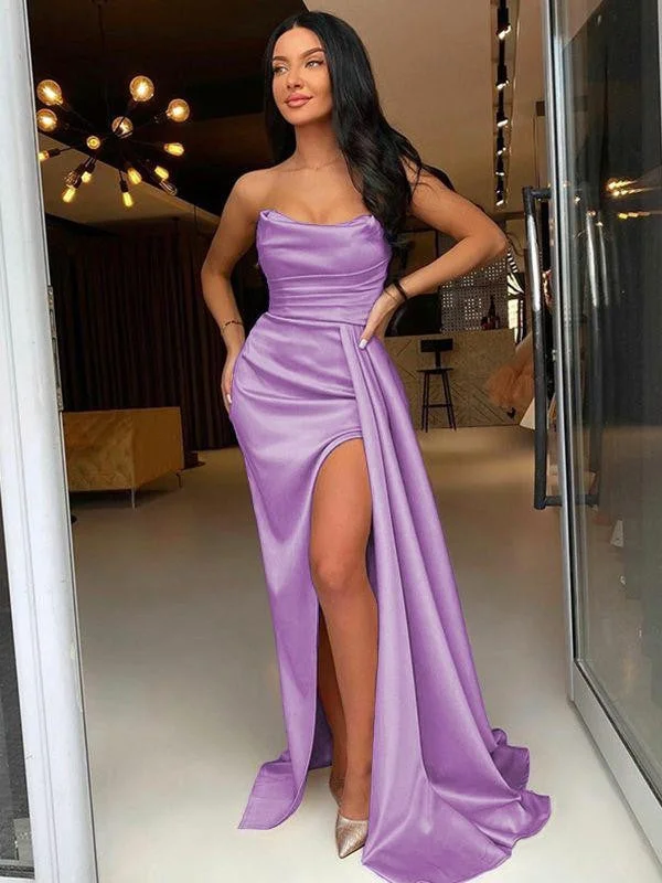 Sheath/Column  Woven Satin Ruched Strapless Sleeveless Sweep/Brush Train Dresses