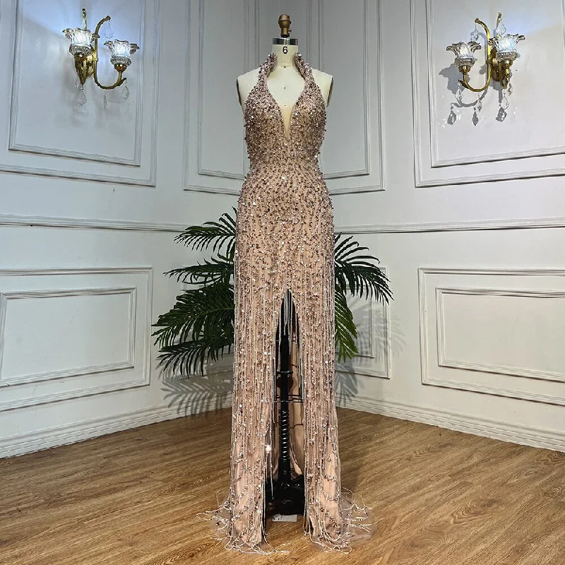 Serene Hill Nude Mermaid Sexy Halter High Split Beads Arabic Evening Dresses Gowns For Women Wedding Party 2024 LA72024 Serene Hill Nude Mermaid Sexy Halter High Split Beads Arabic Evening Dresses Gowns For Women Wedding Party 2024 LA72024