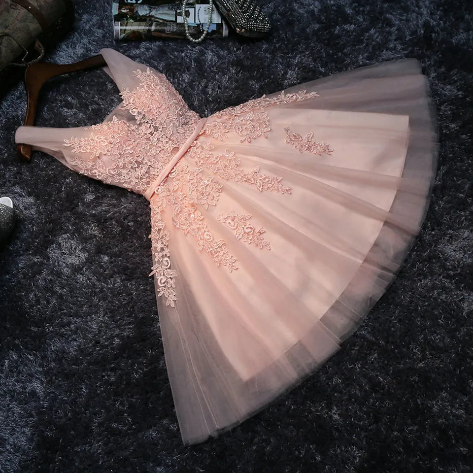 Wjczt Elegant Pearl Pink Prom Dresses 2024 Sexy Prom Dress Short V Neck Appliques Beading Lace Up Knee-Length Graduation Party Gowns Wjczt Elegant Pearl Pink Prom Dresses 2024 Sexy Prom Dress Short V Neck Appliques Beading Lace Up Knee-Length Graduation Party Gowns
