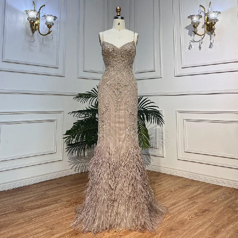 Serene Hill Carameml Mermaid Elegant Sexy Spaghetti Feather Beaded Evening Dresses  Gowns 2024 For Woman Party LA72018