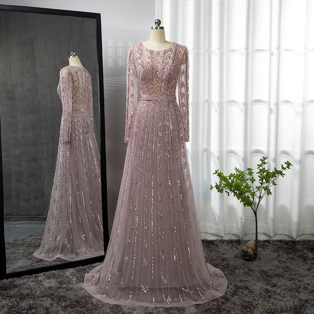 Serene Hill Pink Mermaid Elegant O-Neck Long SleevesEvening Dresses Gowns Luxury Beaded 2024 For Woman Party LA71696