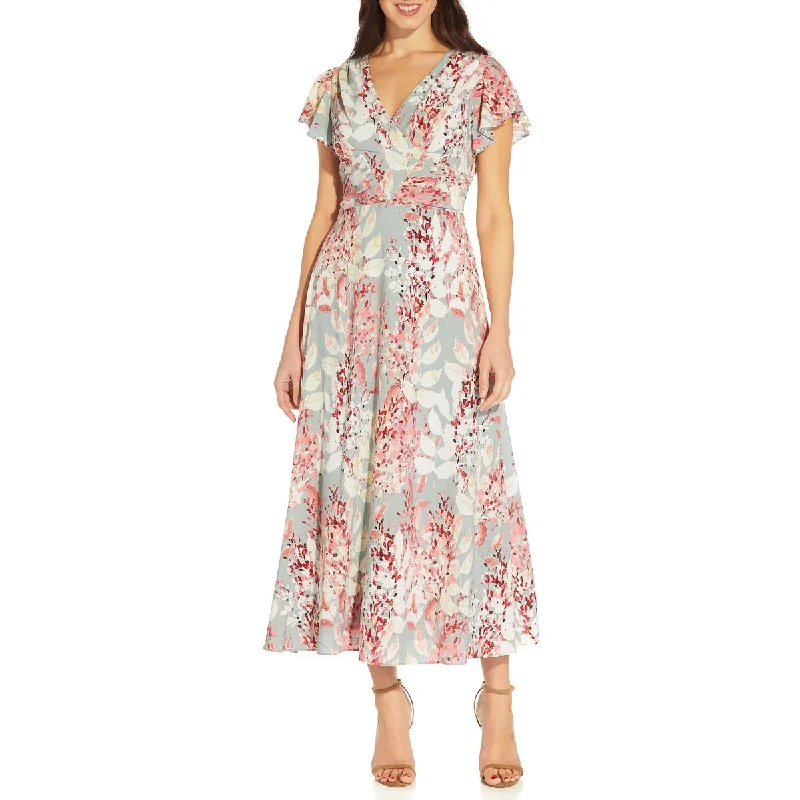 Adrianna Papell Womens Floral Belted Midi Dress