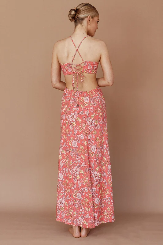 Amorcito Cut-Out Waist Midi Dress Floral Red Cozy Tie-Dye Midi Dress