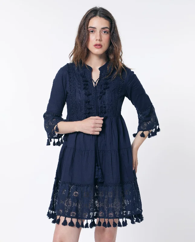 Rareism Women Andarin Navy Tie Up Neck Bell Sleeves Tassel Lace On Sleeve And Hem Mini Dress