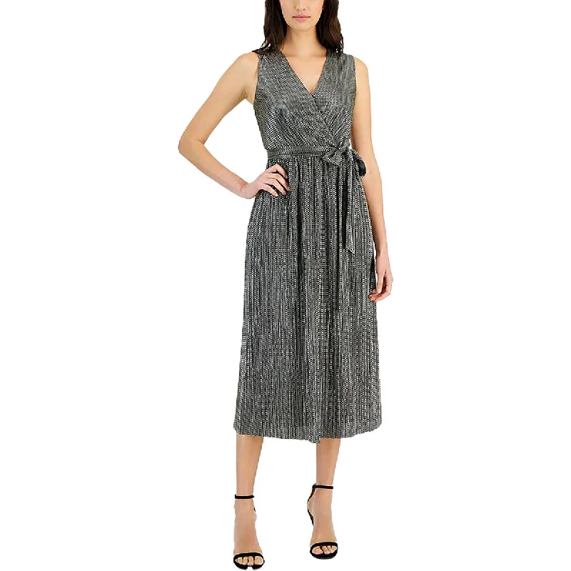 Anne Klein Womens Metallic Sleeveless Midi Dress