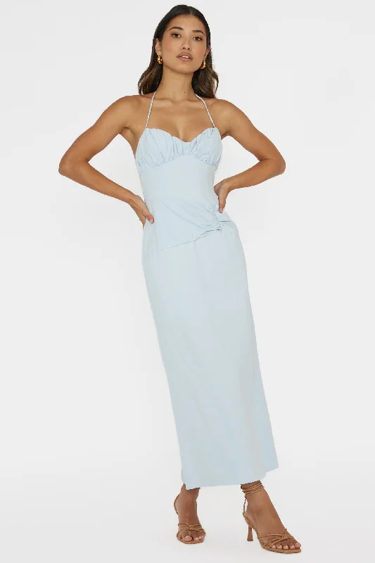 Arielle Gathered Bust Halterneck Midi Dress Pale Blue Elegant Pleated Detail Midi Dress Arielle Gathered Bust Halterneck Midi Dress Pale Blue Elegant Pleated Detail Midi Dress