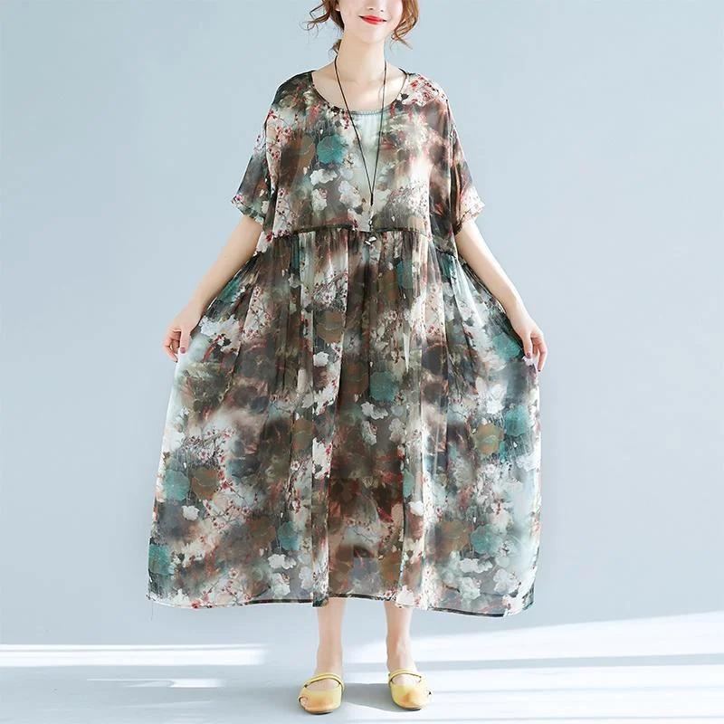 baggy prints pure chiffon dress oversize chiffon maxi dress 2018short sleeve elastic waist chiffon dress Comfortable Ruffle Hem Maxi Dress