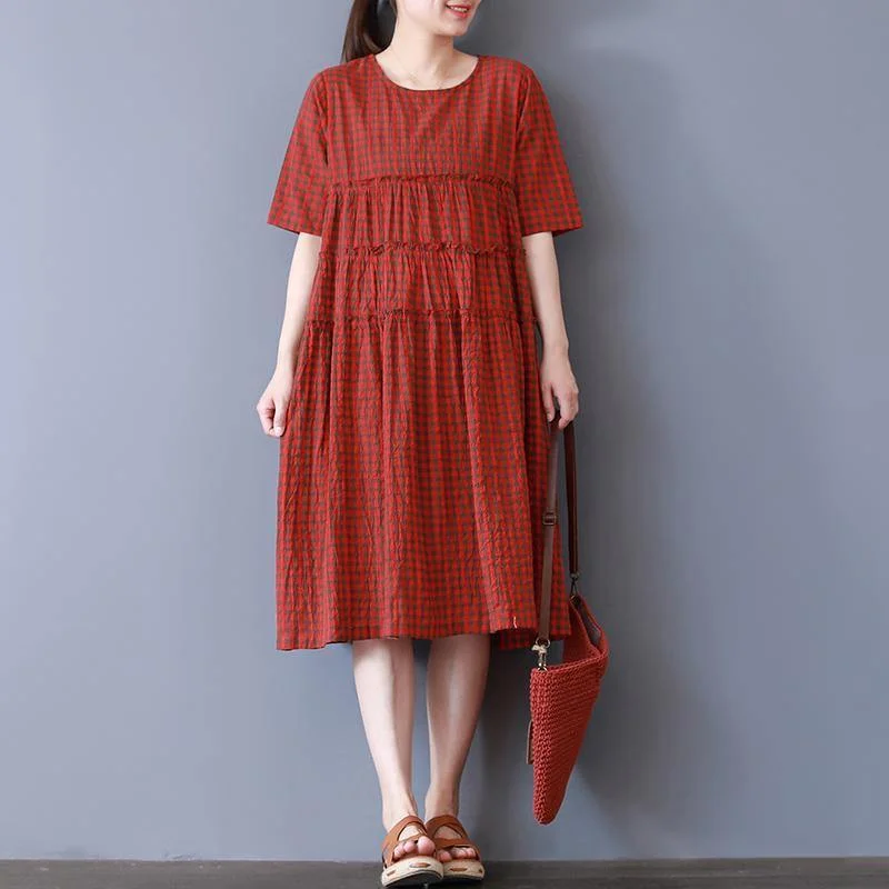 baggy red plaid natural cotton dress  Loose fitting casual dress casual o neck patchwork midi dress