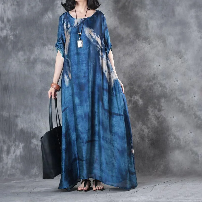 baggy summer blue print silk dresses oversize draping sundress short sleeve maxi dress Cozy Longline Maxi Dress