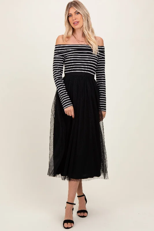 Black Striped Off Should Contrast Knit Mesh Maxi Dress Stylish Boho Chic Maxi Dress