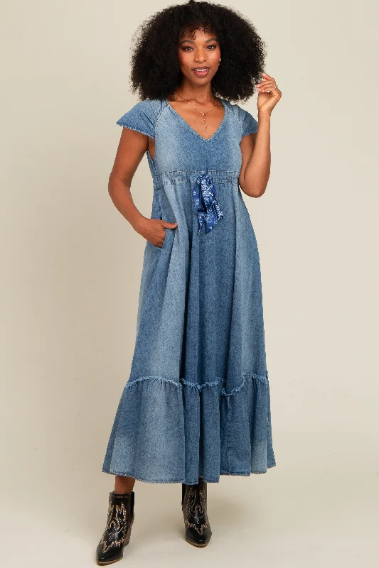 Blue Denim Sash Waist Maxi Dress Cozy Maxi Dress with Slit