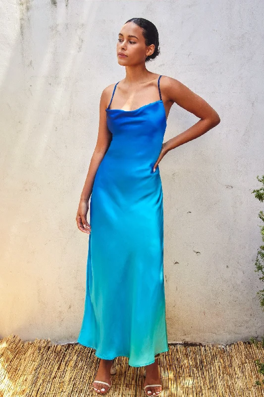 Blue Ombre Criss Cross Back Maxi Dress Trendy Printed Maxi Dress