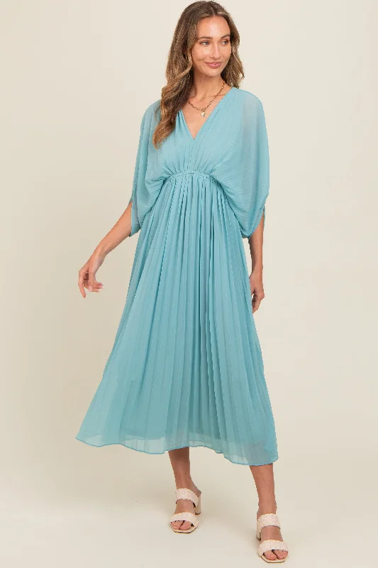 Blue Pleated V Neck Maxi Dress Chic Boho Print Maxi Dress
