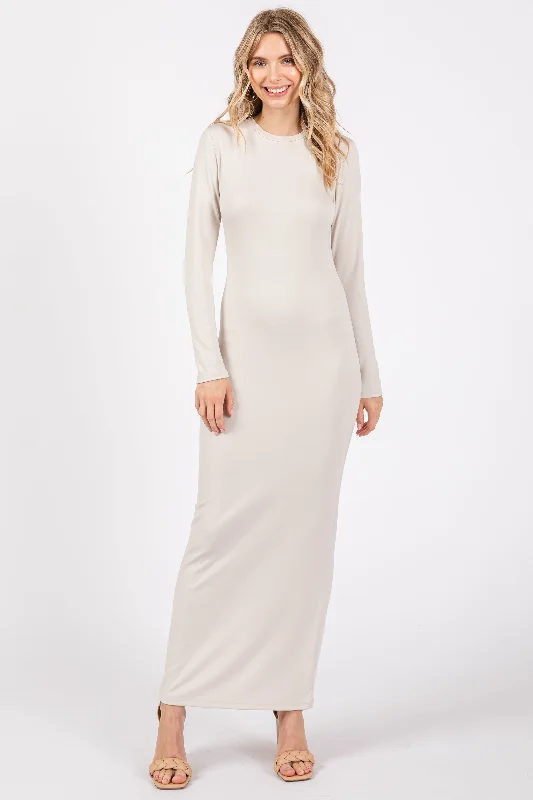 Cream Long Sleeve Fitted Maxi Dress Chic Boho Print Maxi Dress