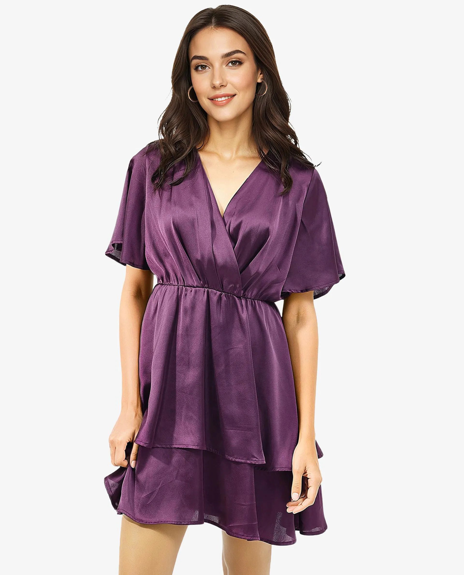 Rareism Women Creola Dark Purple Polyester Fabric Overlap Neck Mini Dress