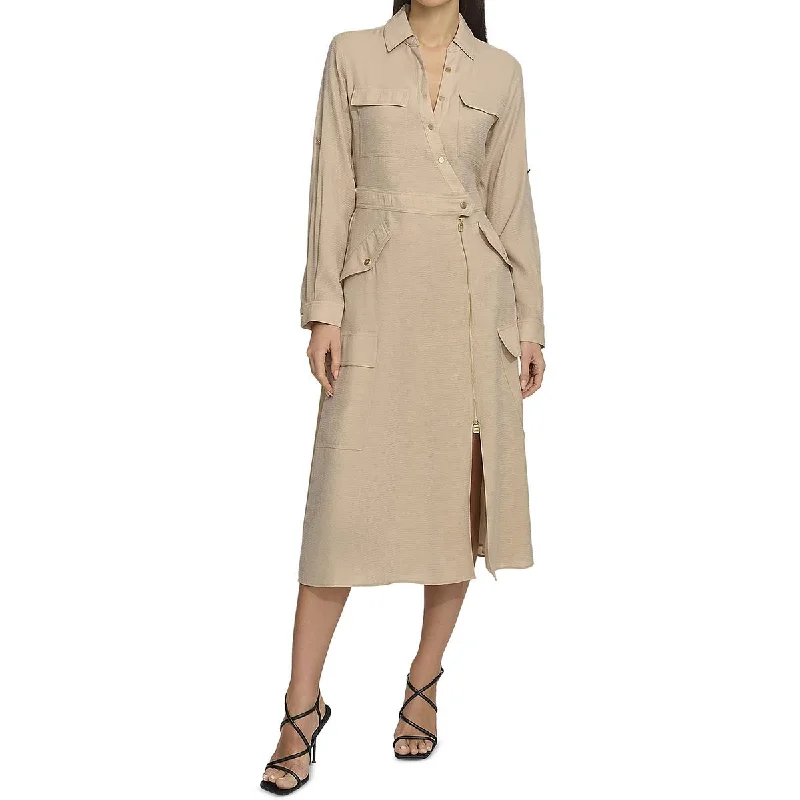 DKNY Womens Cargo Button-Down Midi Dress