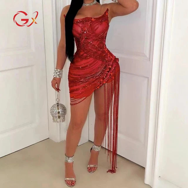 GX2428 Luxury Quality Unique Vintage Fashion Sexy Red Tube Sexy Tight Nightclub Dress Diamond Rhinestone Tassel Party Mini Dress