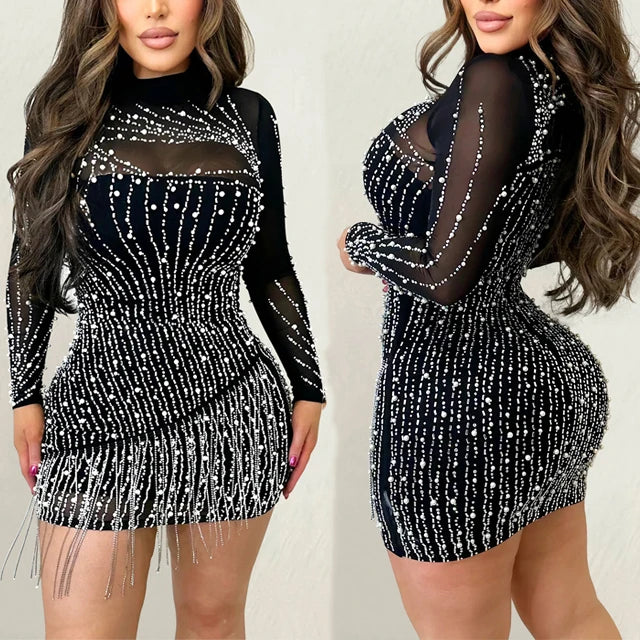 GX6381 Fashion Lady Street Wear Turtleneck Party Tassel Mini Dresses Long Sleeve Elegant Night Club Rhinestone Bead Sexy Dress