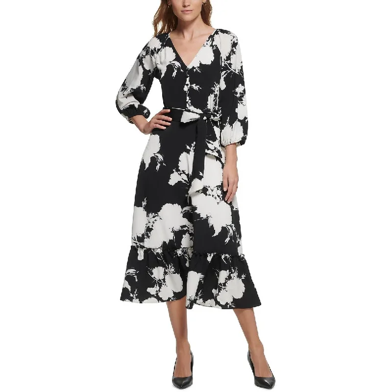 Karl Lagerfeld Paris Womens Printed V-Neck Midi Dress