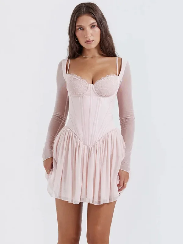 Lace Mesh Long Sleeve Backless Mini Dress