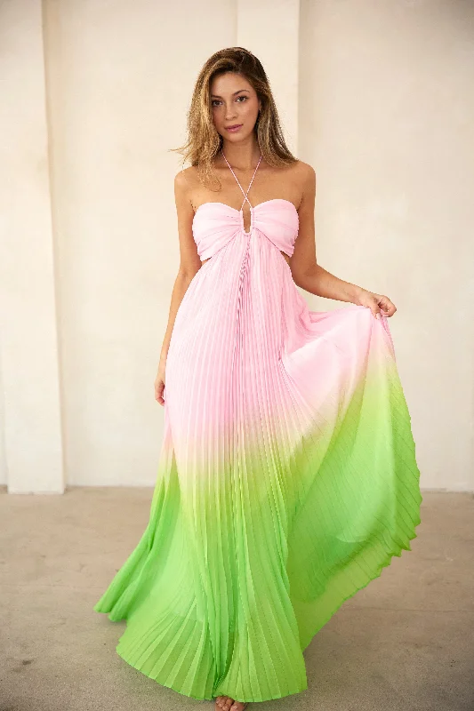 Light Pink Ombre Pleated Halter Cutout Maxi Dress Comfortable Long-Sleeve Maxi Dress