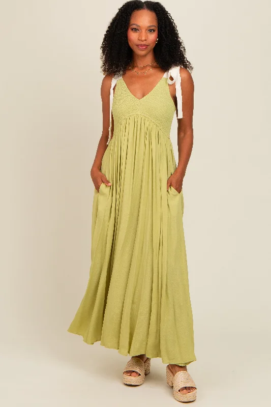 Lime Contrast Shoulder Tie Smocked Maxi Dress Stylish Button-Up Maxi Dress