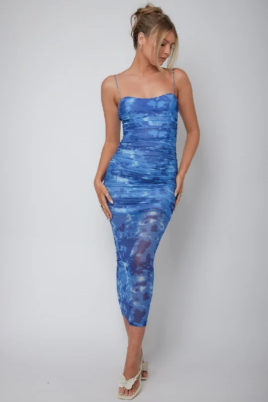 Logan Ruched Midi Dress Mottled Blue Trendy Mock Neck Midi Dress