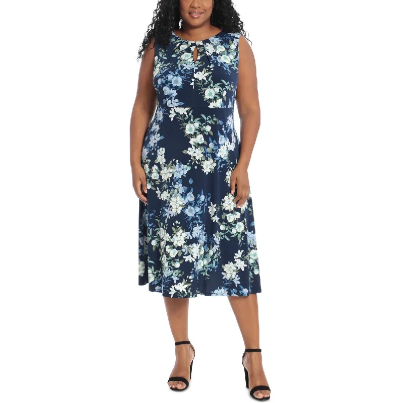 London Times Womens Plus Floral Print Calf Midi Dress