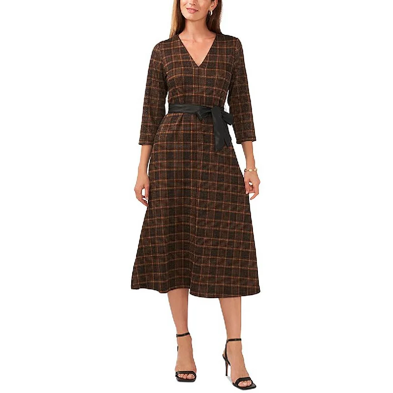 MSK Womens Knit Plaid Midi Dress