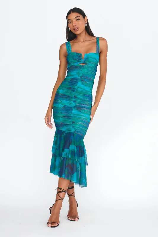 Nadia Ruched Fishtail Midi Dress Abstract Green Comfortable Floral Print Midi Dress