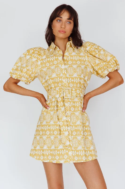 Nanette Puff Sleeve Belted Mini Dress Print Yellow